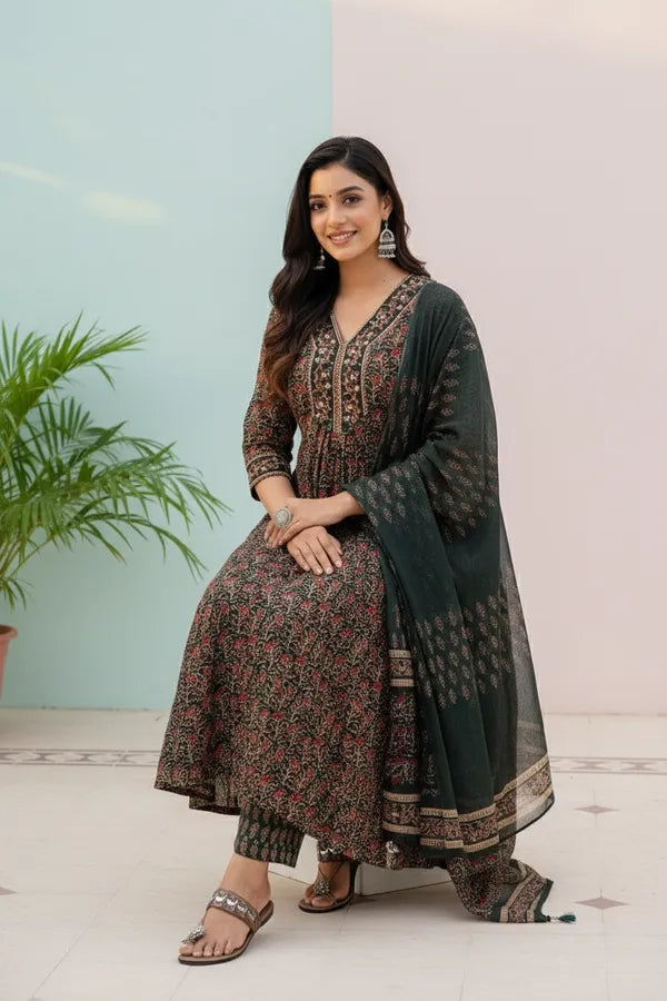 Designer Ethnic Printed Anarkali with Pant & Dupatta