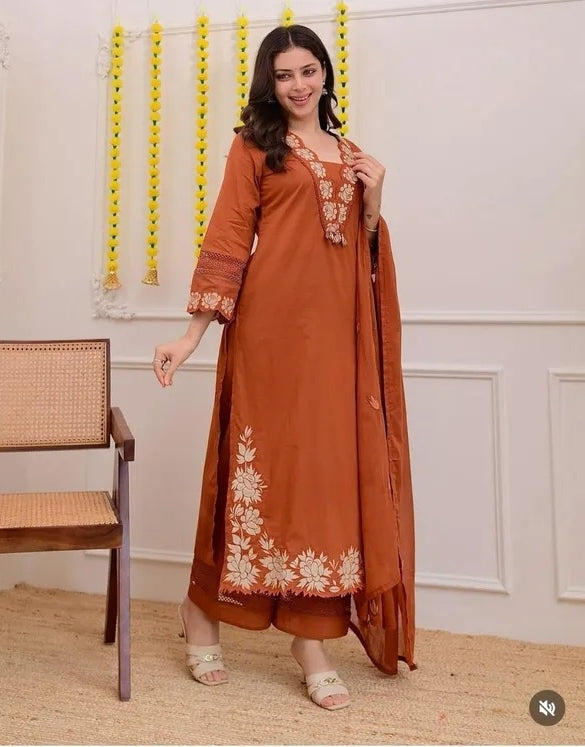 Rust Brown Embroidered Kurti & Palazzo Set with Dupatta