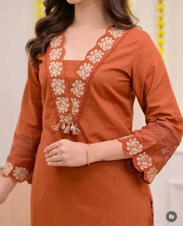 Rust Brown Embroidered Kurti & Palazzo Set with Dupatta