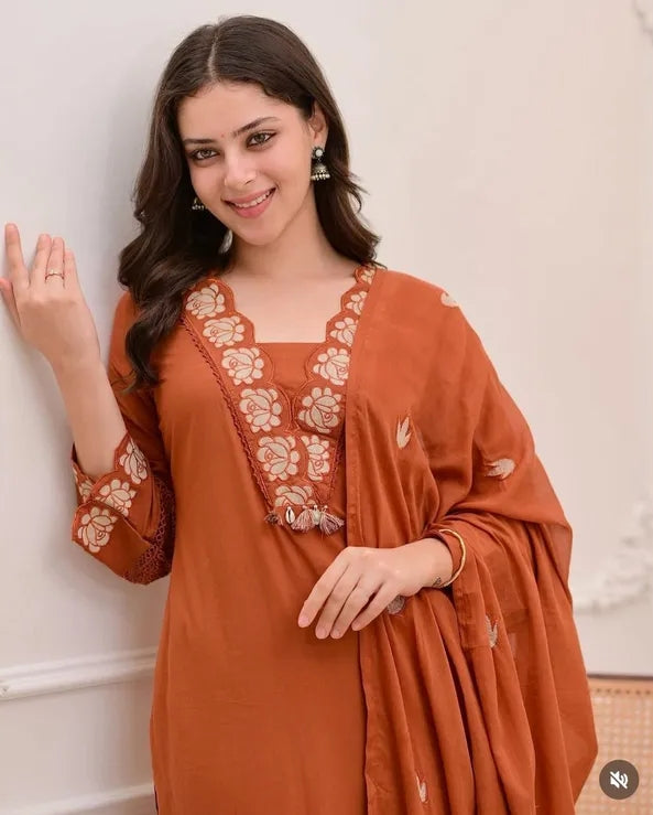 Rust Brown Embroidered Kurti & Palazzo Set with Dupatta