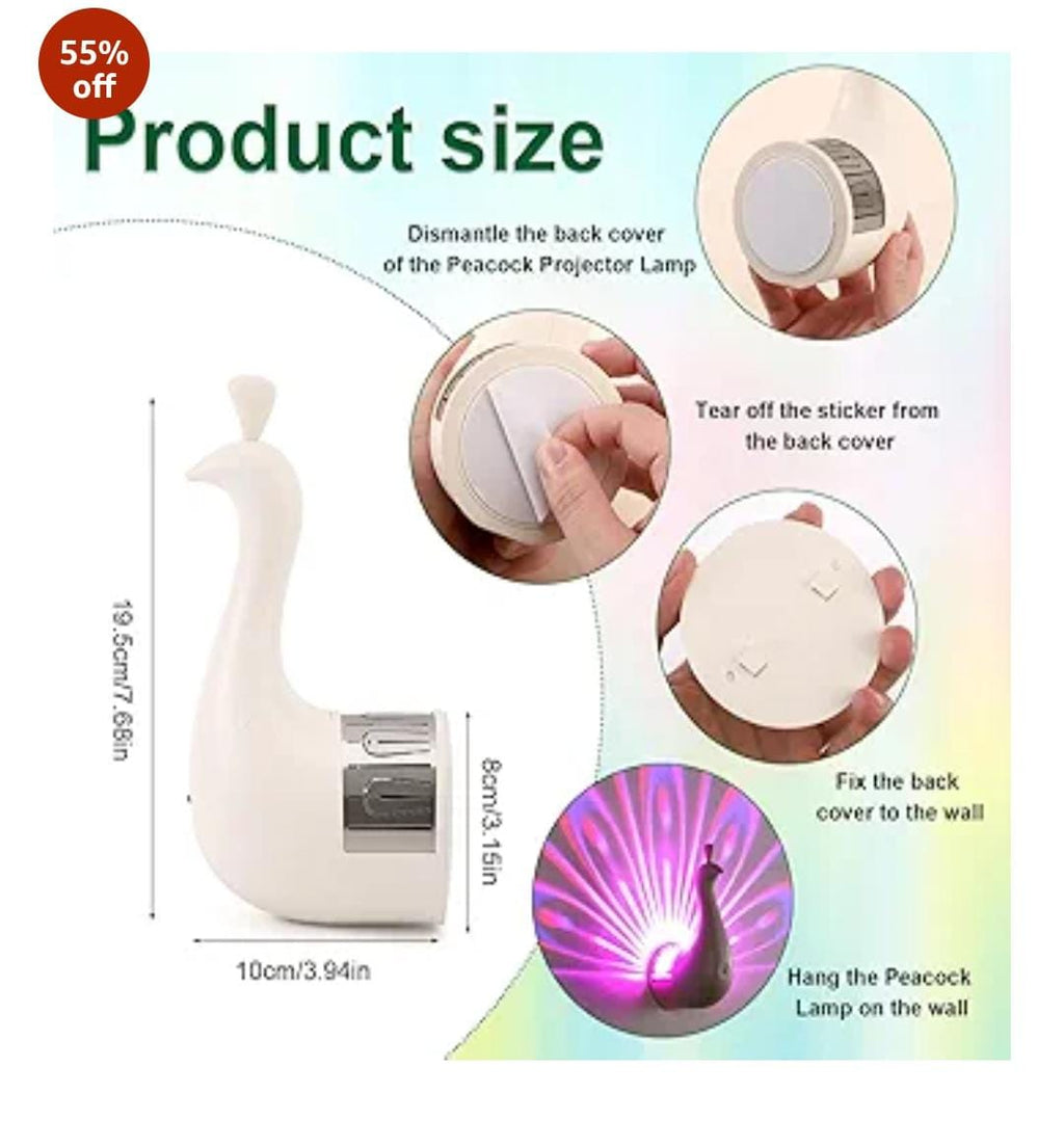 Peacock 3D Colorful Wall Projection Lamp | Touch Control LED Night Light | USB Rechargeable & Remote Operated 🔥 Limited Offer: CASH ON DELIVERY + BIG DISCOUNT