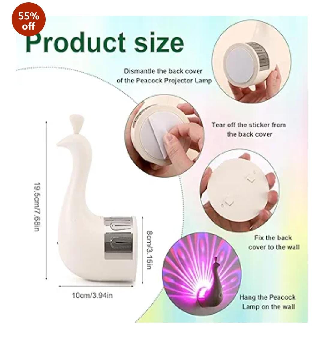 Peacock 3D Colorful Wall Projection Lamp | Touch Control LED Night Light | USB Rechargeable & Remote Operated 🔥 Limited Offer: CASH ON DELIVERY + BIG DISCOUNT