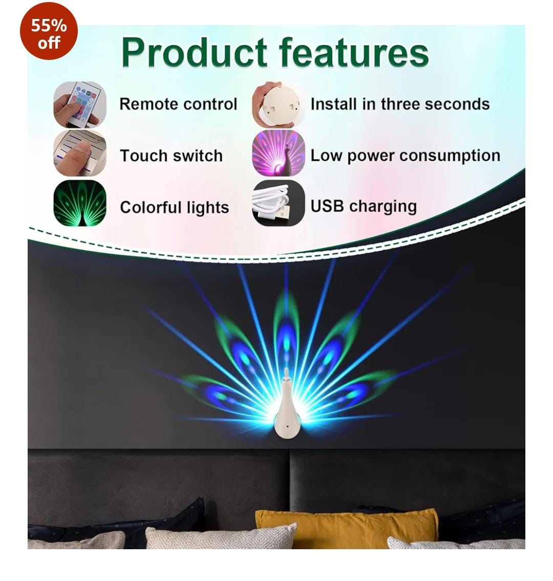 Peacock 3D Colorful Wall Projection Lamp | Touch Control LED Night Light | USB Rechargeable & Remote Operated 🔥 Limited Offer: CASH ON DELIVERY + BIG DISCOUNT