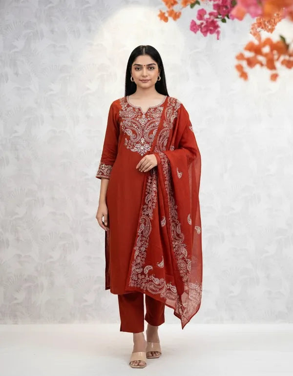 Premium Embroidered Suit Set in Rust Shade