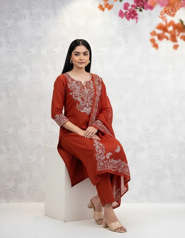 Premium Embroidered Suit Set in Rust Shade