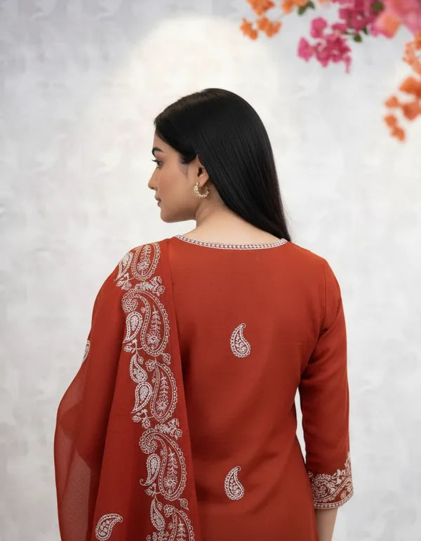 Premium Embroidered Suit Set in Rust Shade