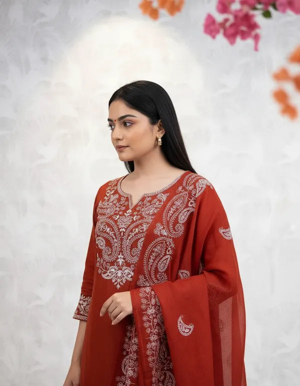 Premium Embroidered Suit Set in Rust Shade