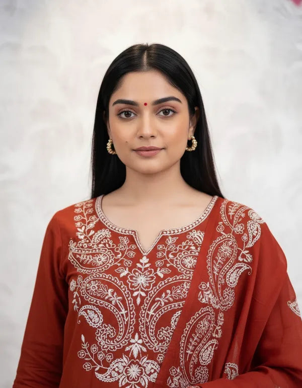 Premium Embroidered Suit Set in Rust Shade