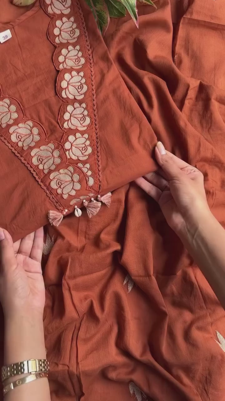 Rust Brown Embroidered Kurti & Palazzo Set with Dupatta